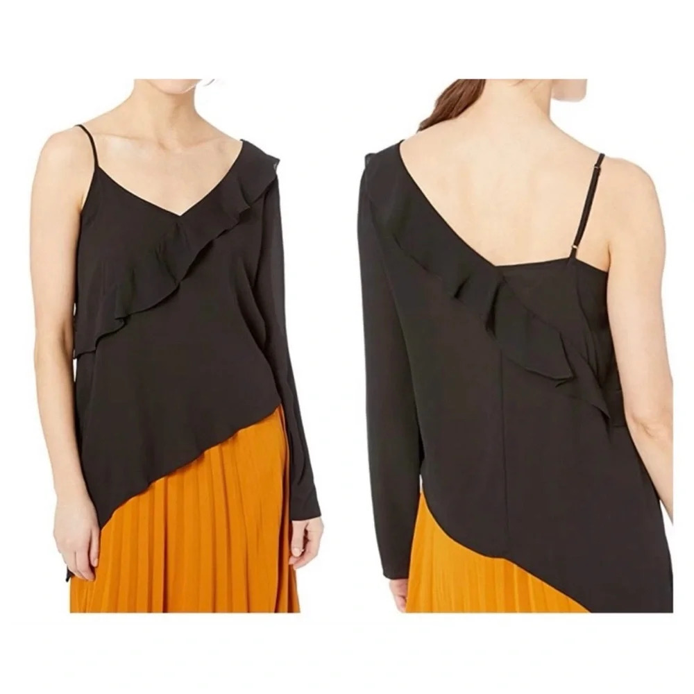 BCBGeneration Black Ruffle One Sleeve Asymmetrical V-neck Blouse Medium Women’s